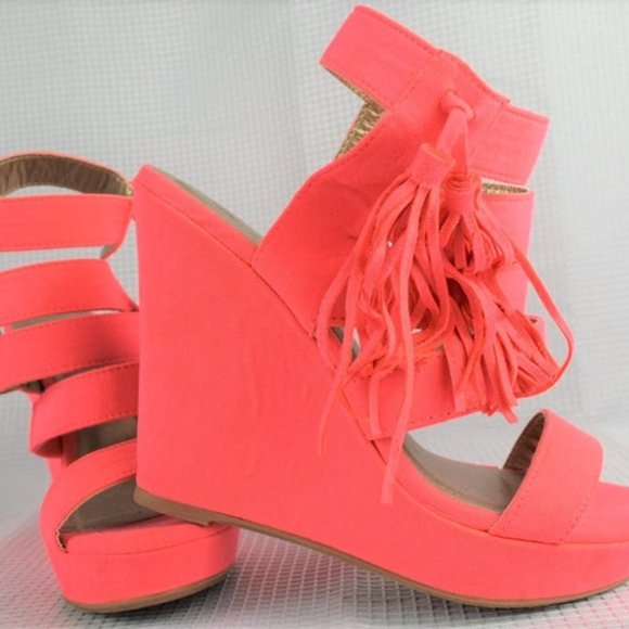 Platform Wedge Sandals Peachy Pink Zipper Tassels - Picture 1 of 8